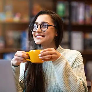 Photo showing woman securely drinking coffee