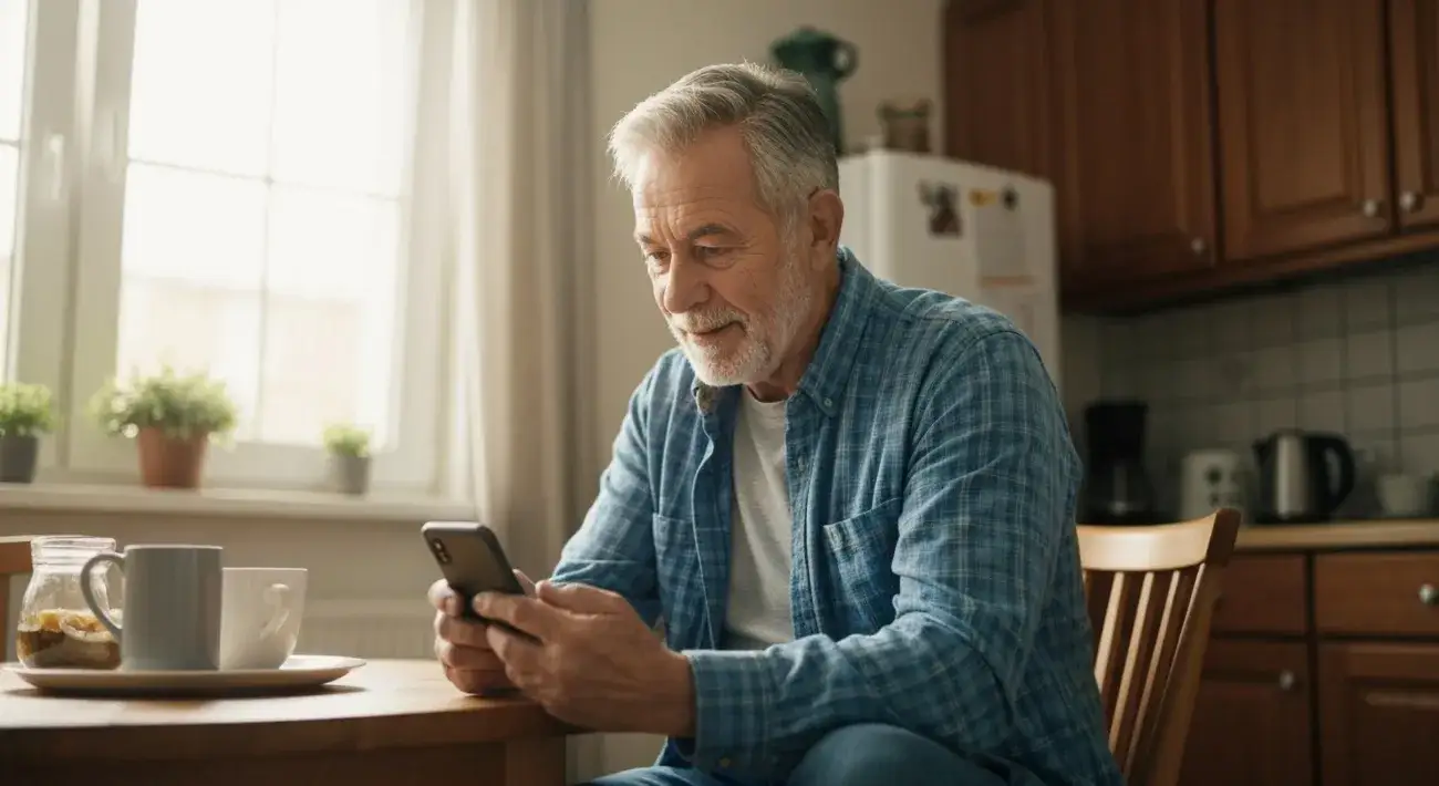 Kinship parent sitting at his kitchen table with a phone in this hand